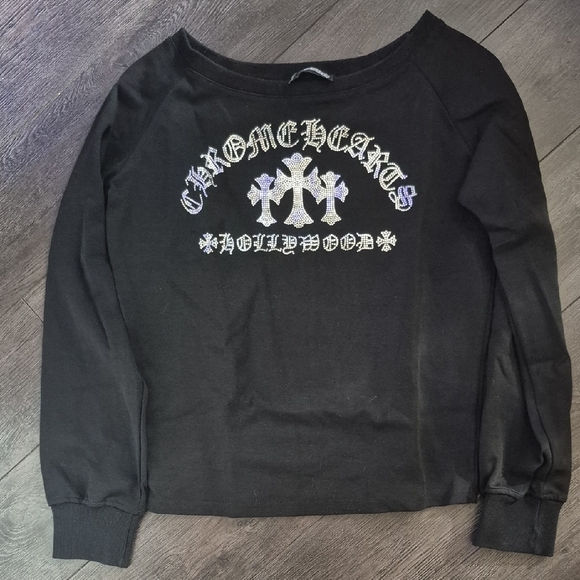 Tops - BLACK SWEATSHIRT WITH CHROME HEARTS EMBELLISHMENTS